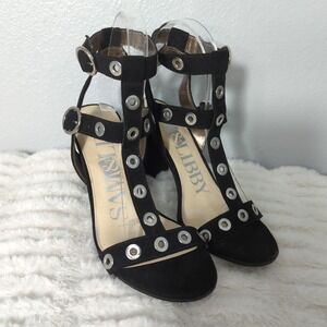 Sam & Libby Evita Women's‎ 8 Black Grommet Chunky Block Heel Sandals Faux Suede